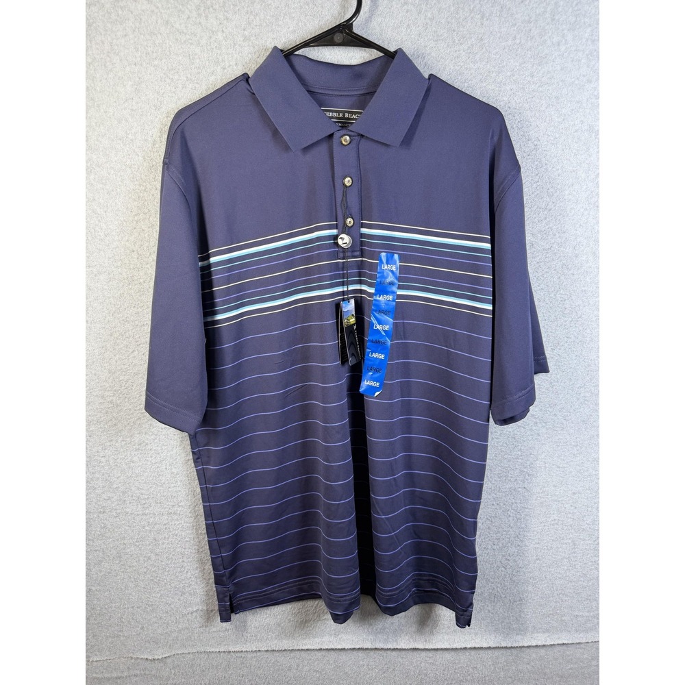 Pebble Beach Polo Shirt Mens Large Blue Striped Performance Golf Stretch